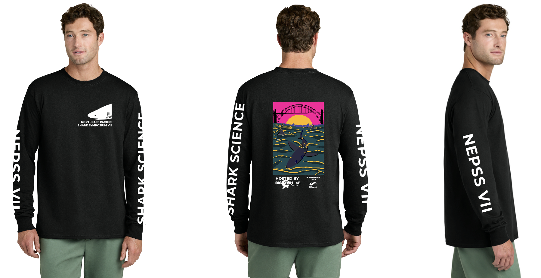A man wears a black, longsleeve tshirt. On the front is a sixgill shark with the text "Northeast Pacific Shark Symposium VII" and the back features a blue shark swimming under a bridge. Shark fins appear silhouetted in the distance against a sunset.