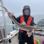 Woman holds a brown smoothhound shark while on a boat.